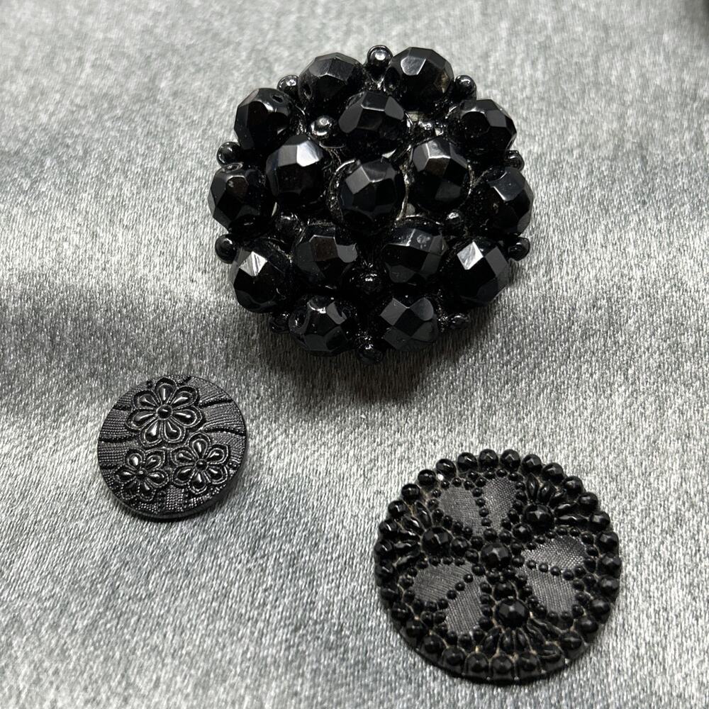 Vintage Black Glass Buttons 3pc Lot Mixed Faceted Beaded Flower & Heart Designs